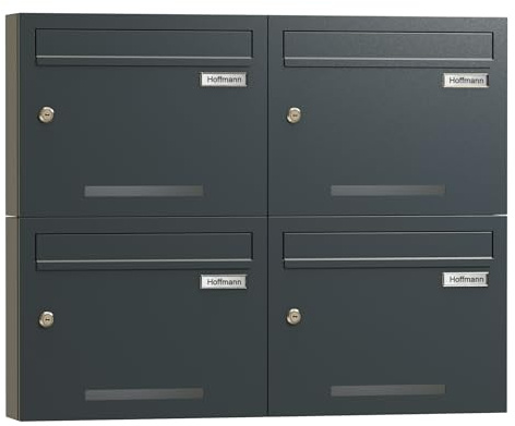 Zedelmaier Briefkastenanlage für Mehrfamilienhaus, 4er-Set, personalisiert | Wetterfester Wandbriefkasten, DIN C4, je 4 Schlüssel, Lasergravur, Edelstahl-Namensschild, 37,5 x 30 x 10,5 cm, Anthrazit