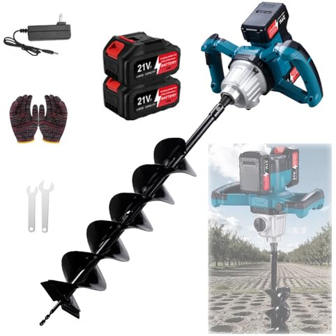 Zephviora Tarière professionnelle sans fil 1200 W sans balais avec 2 batteries de 4000 mAh, foret de 14 x 80 cm, tarière électrique sans balais pour construction de clôtures, jardin et mortier de Ø 4