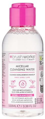 Brushworks Micellar Cleansing Water 100ml – Travel Size Makeup Remover with Vitamin E, Aloe Vera & Pro Vitamin B5 for Face, Eyes & Lips, Fragrance Free & Vegan