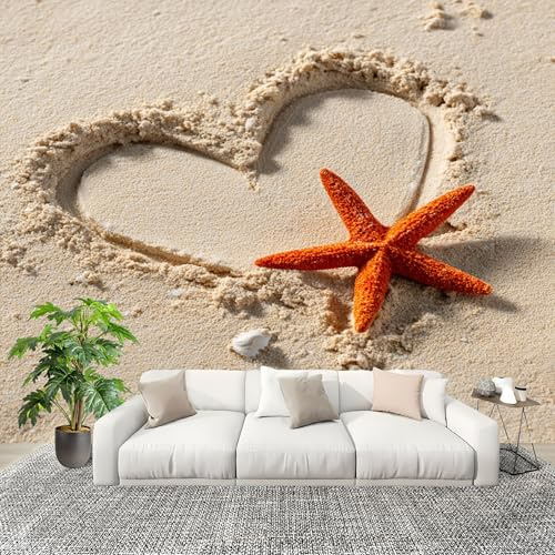 Papel Pintado Panorámico 300x210 cm Playa CorazóN Estrella De Mar Tema Personalizable Fotomurales No Tejido Póster Pared Decoración MarróN Claro 3D Duradero y Resistente a las manchas Fotomurales