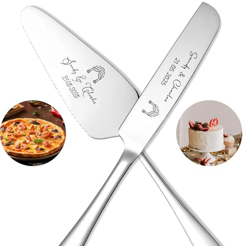 Personalised Cake Cutter Customisable Stainless Steel Wedding Cake Knife with Names Suitable for Weddings Anniversaries Birthdays Everyday Occasions (Two-piece Set - 2)