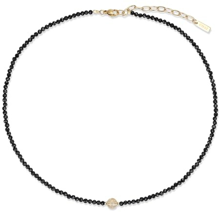COAI Perlenkette für Damen aus 3 mm facettierten schwarzen Turmalin-Perlen mit 6 mm Mittelperle, Geschenkideen für Frauen