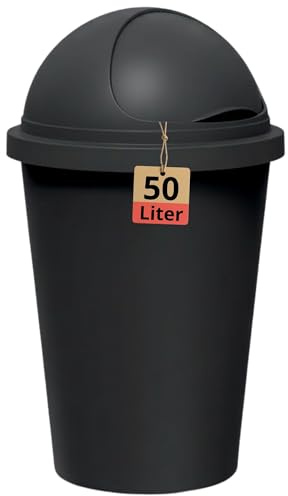 BigDean Abfalleimer schwarz 50 L mit schwarzem Schiebedeckel Ø 25cm 68cm