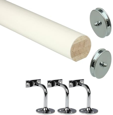 Jackson Woodturners Primed Mopstick Handrail Kit Ready to Paint with Chrome Brackets & Slim End Caps – Stair Handrail Set 1.8m 2.4m 3.6m 4.2m (1800mm + 3 Wall Brackets)