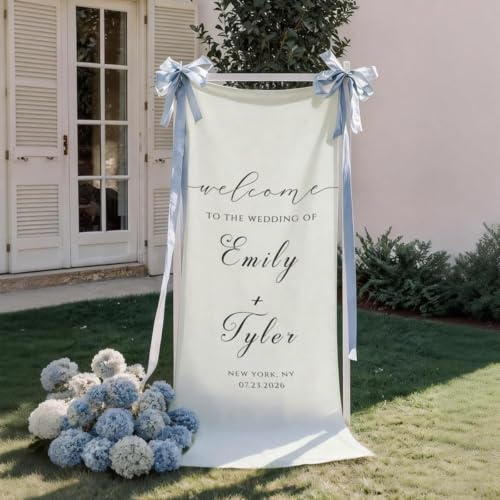 Cartello di benvenuto per matrimonio in lino personalizzato con nomi e data, cartello di benvenuto in tessuto robusto personalizzato per cerimonie e ricevimenti nuziali