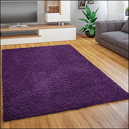 Paco Home Teppich Wohnzimmer Schlafzimmer Hochflor Shaggy Flokati Optik Einfarbiges Design Weich Flauschig Moderne Deko, Grösse:150 cm Quadrat, Farbe:Lila