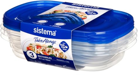 Sistema 950ml Rectangle Food Storage Containers, Clear with Blue Lid, Pack of 3