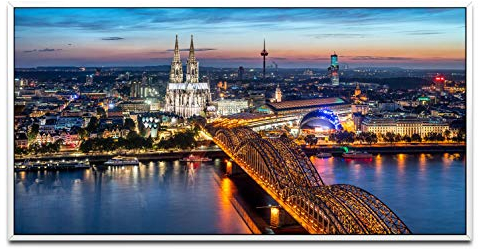 Köln Skyline ca. 130x70cm Wandbild inklusive Schattenfugenrahmen weiss - Panorama Leinwand Bild XXL Format Wandbilder Wohnzimmer Wohnung Deko Kunstdrucke