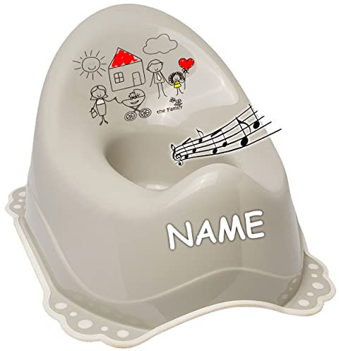 alles-meine.de GmbH Musik & Sound - Anti RUTSCH - Töpfchen/Nachttopf/Babytopf - hell grau kleine Familie - gemalt inkl. Name - Bieco - Melody - mit großer Lehne + Spritzs..