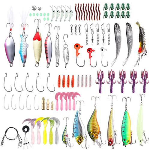 TUXIBIN Juego de 101 señuelos Duros para hundir de Pesca Mixtos universales multifunción, Caja de Aparejos Incluyendo Spinners, Gusano, cucharas, etc.