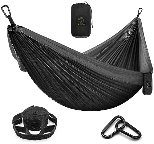 Grassman Camping Hängematte Doppel- und Einzelhängematte mit Baumgurten, leichtes Nylon Fallschirmhängematte Camping Zubehör Ausrüstung für Indoor Outdoor Rucksackreisen, Reisen, schwarz, Double