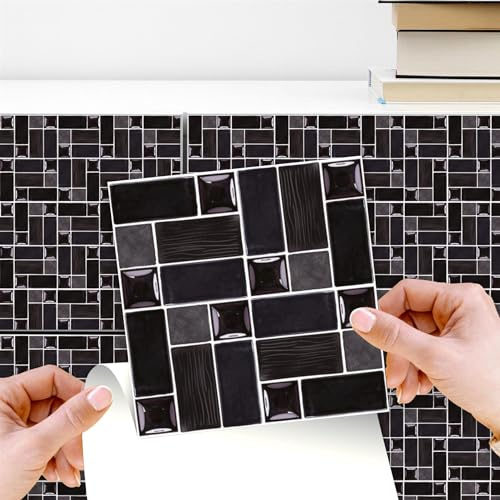 WALPLUS 24 Stück 15x15cm Glänzendes schwarzes Porzellanmosaik Schwarz Grau Wandfliesen Aufkleber Schälen und Kleben Backsplash Abziehbilder Startseite Dekore Aufkantung für Küche Badezimmer Kacheln