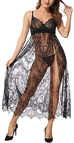 LINGERLOVE Donna Pizzo Lingerie Sexy Biancheria Intima da Notte Babydoll Abito Lungo Trasparente