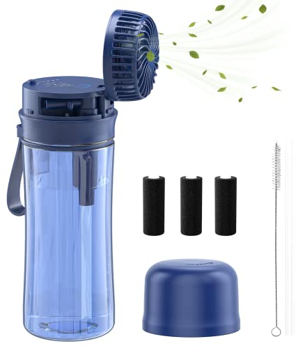 HandFan Bottle 20oz Sports Water Bottle with Straw 600ml, Washable,BPA Free, Portable Mini Hand Held Fan Rechargeable, 2600mAh,waterproof Fan For Running, Gym, Yoga, Outdoors and Camping(Blue)