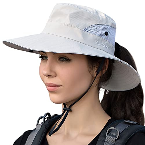 Sommerhut für Damen, Netzstoff, breite Krempe, UV-Schutz, mit Pferdeschwanz-Loch, Pure Beige, Einheitsgröße