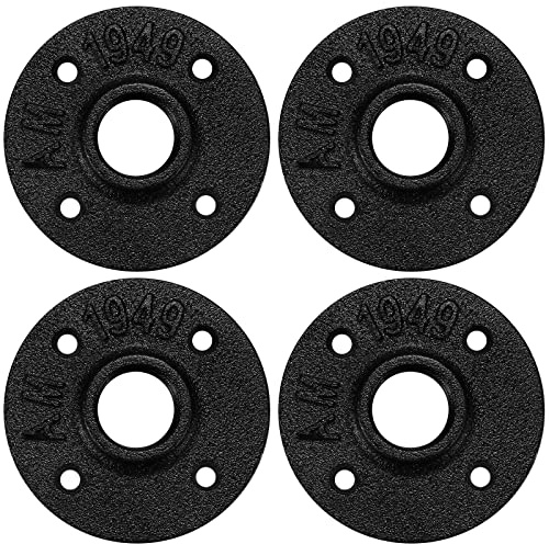 1/2 Black Floor Flange, Home TZH 4 Pack Malleable iron Pipe Flange for Industrial vintage style, Flanges with Threaded Hole for DIY Project/Furniture/Shelving Decoration (4, 1/2 Inch)