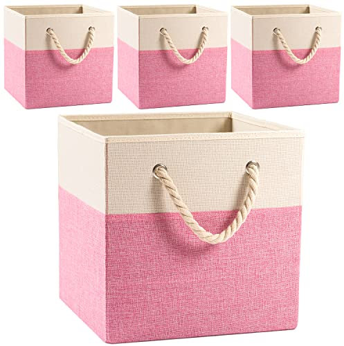Prandom Cubos de almacenamiento plegables grandes de 33x33x33 cm [paquete de 4] Cestas de almacenamiento de lino de tela Cubos Cajón con asas de algodón Organizador para estantes Rosa