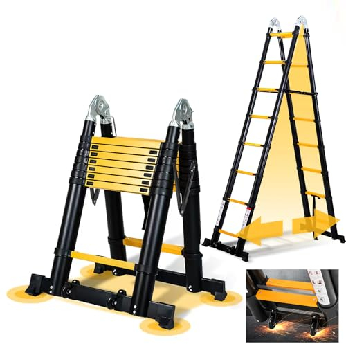 Joparri Scala telescopica in alluminio 5 m (2,5 + 2,5 m), allungabile, scaletta pieghevole, antiscivolo, multiuso, per la casa, portata massima di 150 kg, colore nero e giallo