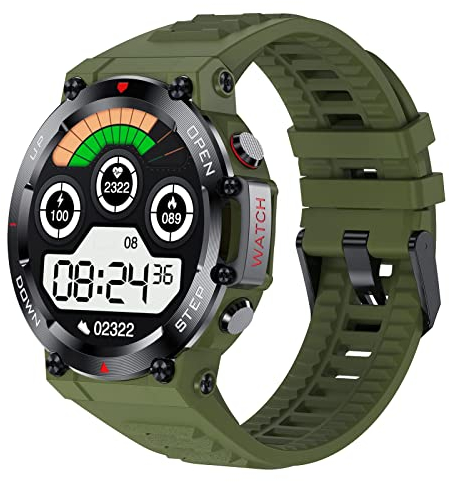 Smartwatch 1,32 Zoll mit Anruf, Bluetooth, HD, Militär, wasserdicht, taktisch, für Herren, Smartphone, Sprachassistent, Aktivitätstracker, Schlafmonitor, Schrittzähler, Kalorien, Stoppuhr