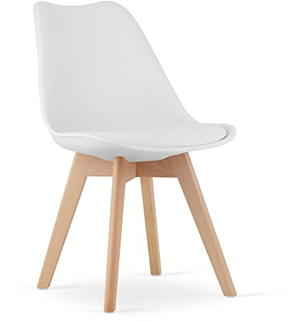 NMK HOME Sedia da pranzo – Sedia da cucina in velluto con imbottitura e gambe in legno naturale – Sedia in plastica bianca con struttura in legno