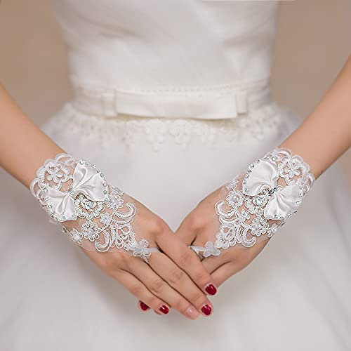 Spitze Hochzeit Handschuhe,Kristall Strass Blume Krawatte Braut Fingerlose Handschuhe Hochzeitshandschuhe Sommer Sonnenschutz Handchuhe Brauthandschuhe für Hochzeit, Abschlussball, Party-Weiße