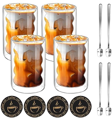 Conjunto de 4 Tazas de Café de Cristal, 350ML Vasos de Espresso de Doble Pared Transparente con 4 cucharas y posavasos, Tazas de Vidrio Borosilicato para Cafe Leche Té Latte Macchiato y Más (4pcs)
