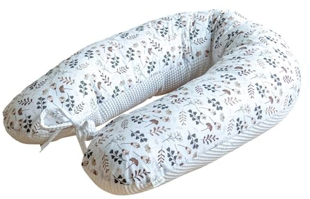 LOOLAY schwangerschaftskissen 170cm – Stillkissen und Lagerungskissen für Schwangere – 100% Öko-Tex Baumwolle – Ergonomisches Körperkissen mit Waschbarem Bezug (Weiß Waffel/Braun Wiese)