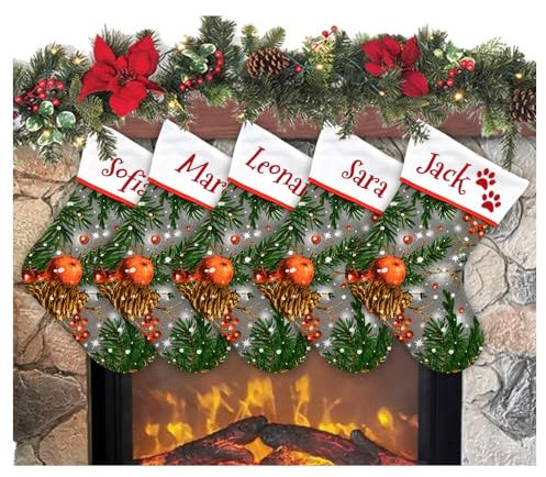 ALMATEX SRL Weihnachtsstrumpf, zum Aufhängen, mit Namen, 20 cm, 33 cm, personalisierbar, Weihnachtsstrümpfe, Weihnachtsstöcke, für Familienfeiern (20 x 33 cm, Tannenzapfen, 5)