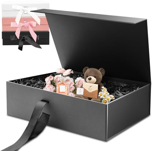 Schwarz Luxus Große Magnet-Geschenkbox, 32,5 * 23 * 10,5cm mit Band, Papier& Grußkarte Party Favor Box für Hochzeit, Geburtstag & Muttertag