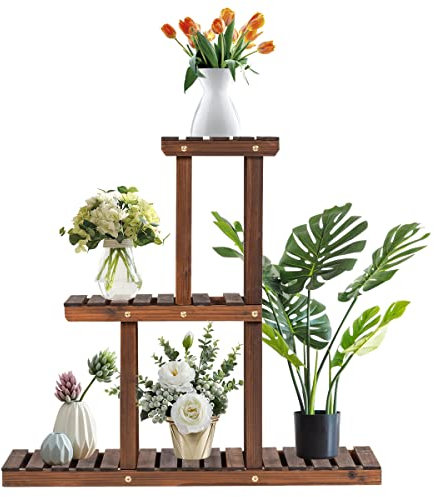 TANGZON 3/4 Tier Plant Stand, Indoor Outdoor Wooden Plant Shelf Holder, Tiered Multiple Potted Plant Bonsai Flower Display Rack for Garden Patio Balcony Living Room Office (3 Tier, 81 x 25 x 75cm)