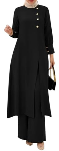 OBEEII Abaya Muslim Damen Set 2 Stück Langarm Oberteile Robe Und Hosen Corban Ramadan Outfit Naher Osten Dubai Arabisch Islamische Kleidung Frauen Schwarz M
