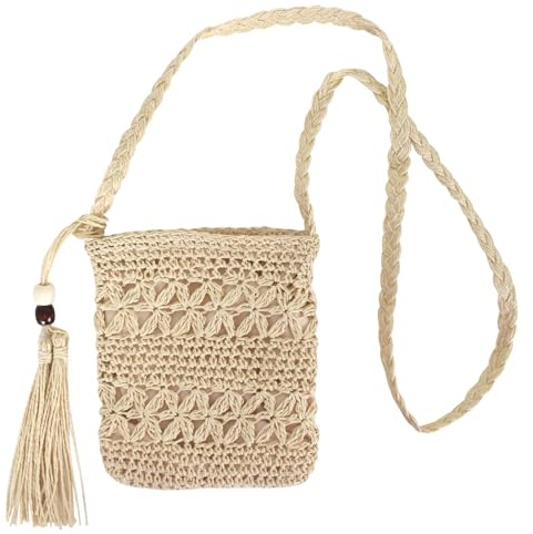 DecorDwell Strohtasche Damen, Schultertasche Stroh, Crossbody Bag Damen Stroh, Strandtasche Umhängetasche, Gehäkelte Taschen Handarbeit, mit Quaste, Für Urlaub Outdoor Arbeit Und Reisen (Beige)