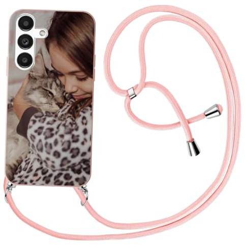 DCPPCY Personalisierte Handyhülle mit Handykette für Samsung Galaxy S23 5G–Selbst gestalten mit eigenem Foto oder Text–Individuelle Silikonhülle in Rosa,stoßfest–Einzigartiges Design