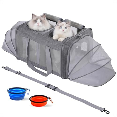 Pawlen Große Katzentragetasche für 2 Katzen mit herausnehmbarem, weichem Polster (100 x 43 x 33 cm), zusammenklappbare und erweiterbare Haustier-Tragetasche für große Katzen und kleine Hunde, 15,9 kg,