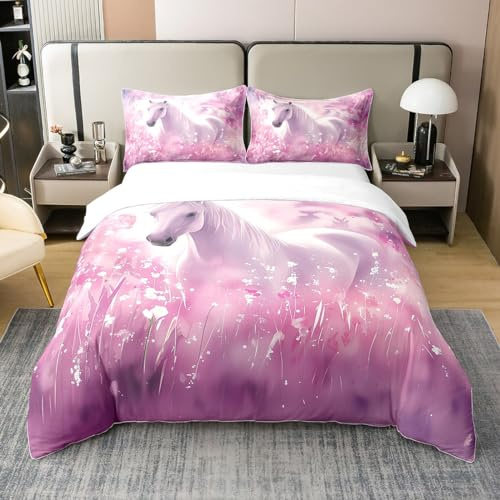 Blanc Horse Coton Biologique Housse de Couette Spécial pour Adolescentes,Rose Dream Fleur Literie Set,Magical Animal Parure de Lit,3D Cheval de Course Couvre Lit Fermeture À Glissière,220x240