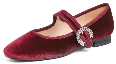 Feversole Women's Square Toe Mary Jane Fashion，Punta Quadrata Easy Buckle Tacco Basso Slip On Flats in Pelle vegana