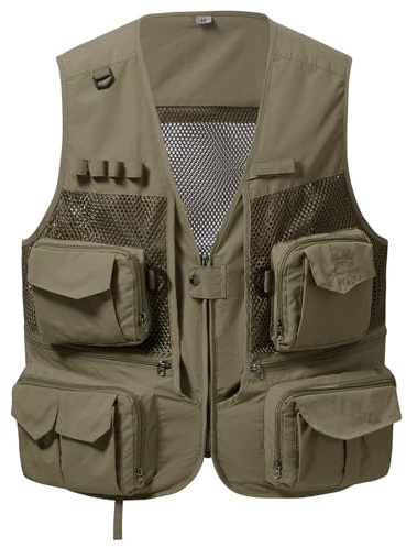 BASSDASH Gilet cargo da pesca da uomo e donna, per attività all'aperto, safari, fotografia, con tasche multiple sul retro in rete, FV14, Cachi, Medium