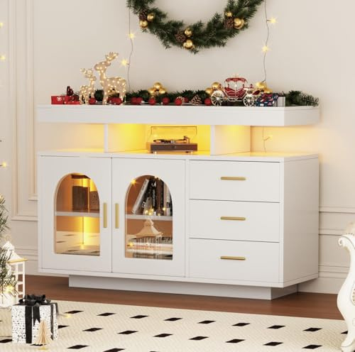 Sweiko Buffet de salon LED - 120 x 40 x 80 cm - Multifonction - Avec rangement - Blanc