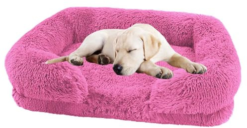 PJDDP Dog Bed with Luxury Fluffy Plush, Waterproof Dog Bed with Non Slip Bottom, Orthopedic Memory Foam Pet Bed, Washable Indestructible Dog Sofa for Small, Medium And Large Pets,pink,L