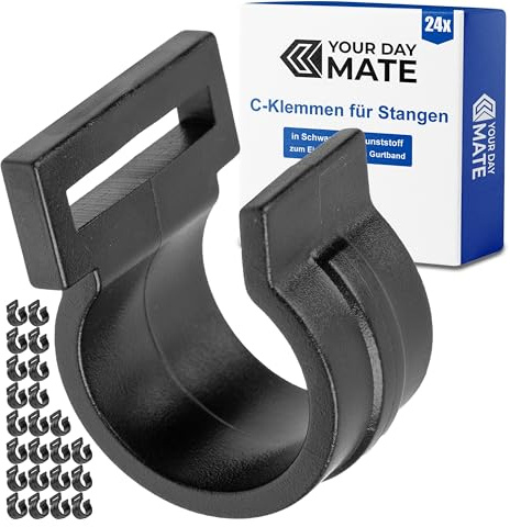 C-Klemmen für Innenzelt Stangen, 24 Stück, Schwarz, Kunststoff, für bis Ø 14 mm Stangen und 20 mm breites Gurtband, Haken Clip für Outdoor Zelt, Vorzelt, Markise, Plane, Stangenclip, Befestigungshaken