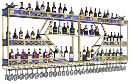 Weinregal Wand Metall Mit Lichtern Flaschenregal Wine Rack Bar Regal Wand Weinschrank Hausbar Schmal Barschrank mit Weinglashalter Getränke Regal Mini Bar Vitrine Hängend für Bartheke(Gold-blue,180*86