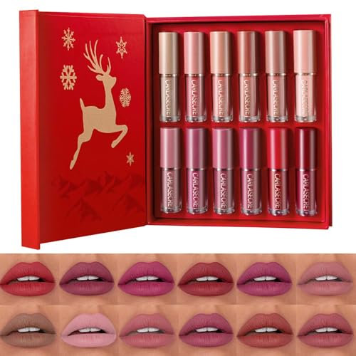 Weihnachtsausgabe Mattes Lippenstift Set, 12 Farben Lipstick Set, Flüssige Lip Gloss Make Up Set, Lippenstift 24 Stunden Halt, Wasserdicht, Weihnachts Makeup-Geschenkset für Mädchen