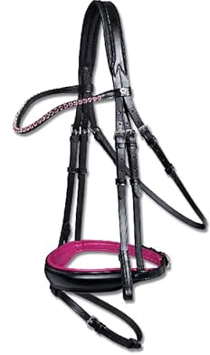 Leather English Bridle Headstall Reins Cowhide Genuine Horse Crossover Crossunder Raised Fancy Stitched Laced All Purpose Jumping Dressage Rubber Crystal Padded Adjustable Browband Full-Cob,M48 (Cob)