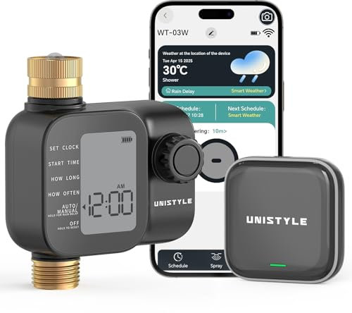 Unistyle Bewässerungscomputer WLAN mit Messing einlass auslass, Smart Zeitschaltuhr Bewässerung mit APP, Automatischem Bewässerungsuhr für Garten Rasensprenger Bewässerungssystem, mit Sprachsteuerung
