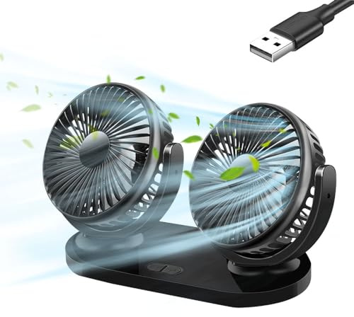 Rppiup Ventilador Para Coche de Doble Cabezas, 360 °Giratorio Tres Cabezas Ventilador 5v, USB Ventilador de RefrigeracióN para Coche con 3 velocidades, para SUV RV ATV Barco Carro
