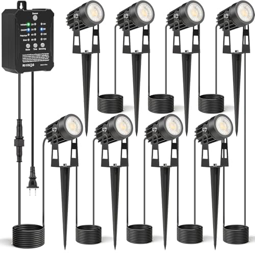 HIBOITEC Illuminazione da giardino 8 in 1 con trasformatore, 20,7 m con fotosensore, dimmerabile 4000K faretto da giardino a LED impermeabile per esterni, timer per esterni casa cortile