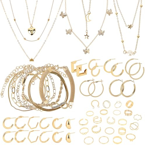 MOTIBACK 46PCS Gold Jewellery Sets for Women - 6 Necklaces 12 Earrings 6 Bracelets 22 Rings, Fashion Accessories Layered Jewelry Set for Valentines Christmas Birthday Anniversary Daily Prom