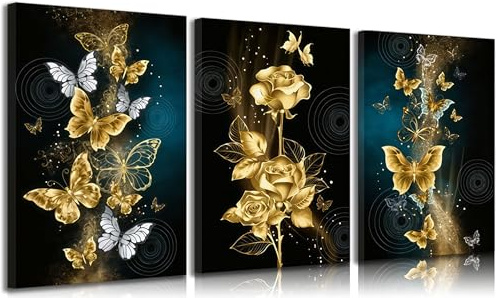 3pcs Abstract Gold Butterfly Canvas Wall Art Gold Butterfly And Rose Wall Decor Pictures Modern Luxury Flowers Posters Prints Painting for Living Room Bedroom Home Decoration Prepare To Hang