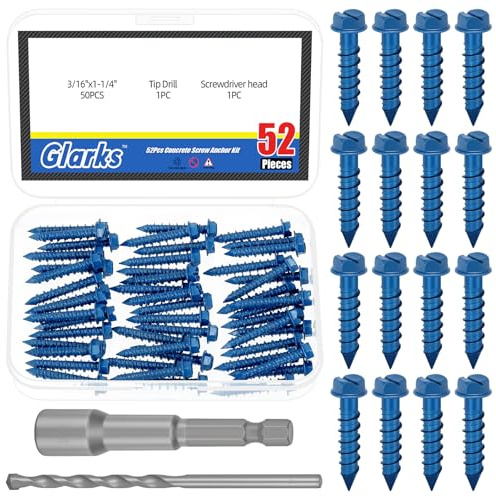 Glarks 52pcs 3/16 x 1-1/4 '' Schlitz Hex Waschkopf Betonschrauben Ankersatz, blaue Schwerlast Zementschrauben mit Bohrbutzen und Treiberbutzen zur Verankerung an Mauerwerk, Stuck