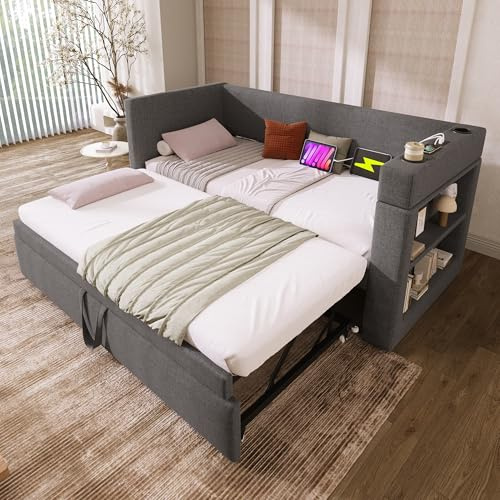 NNJN Sofá cama acolchado con cama nido 90 x 200 cm, reposabrazos con puerto USB y tipo C y soporte para bebidas, con somier, gris, 90 x 190 cm